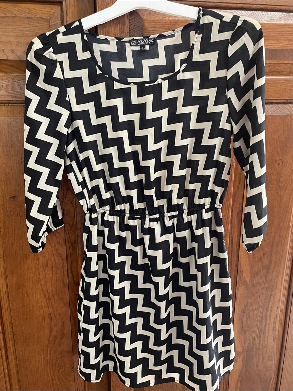 BeBop Black & Cream Zigzag Elastic-Waist Dress used but good condition Sz. S